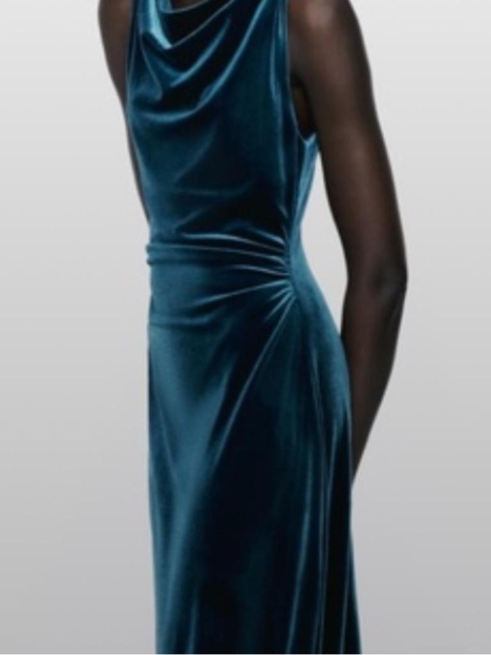 Zara Teal Velvet Cowl Neck Midi Dress